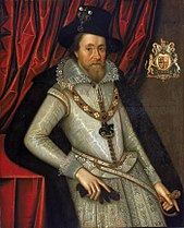 James I of England and VI of Scotland ruled in the first quarter of the 17th century John de Critz the Elder James I of England with a Red Curtain.jpg