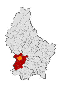 Map of Luxembourg with Koerich highlighted in orange, and the——canton in dark red