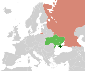 Розташування у Європі України (зелений), Криму (темно-зелений) та РФ (червоний)