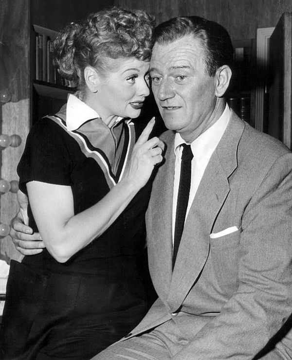 Lucille Ball with John Wayne on the set of the 1955 episode "Lucy and John Wayne"