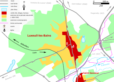 Vue d'une carte en couleur représentant les étapes de développement du bâti d'une ville.