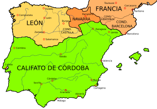 El reino de Pamplona (en color naranja) en el año 1000.