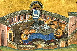 Martyrs Silvanus l'évêque d'Émèse, Luc le diacre, et Mocius (Mucius) le lecteur (Menologion de Basile II) .jpg