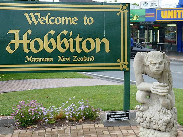 "Welcome to Hobbiton" sign in Matamata, New Zealand, where Peter Jackson's film version was shot