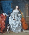 Ett styvnat ljusblått livstycke med vid båtringning och lösa puffärmar till en kjol i samma färg över särken. Typisk 1650–1680.