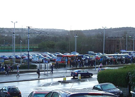 The Middlewood Supertram terminus with the park and ride behind at the busy morning period.