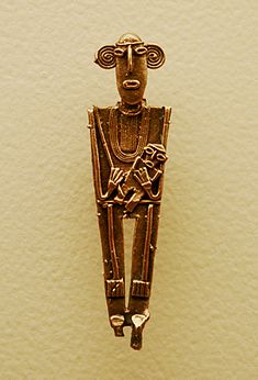 The Muisca are famous for their fine goldworking; a tunjo representing mother and son Museo del oro, Bogota, Colombia - Muisca Votive Figure.jpg