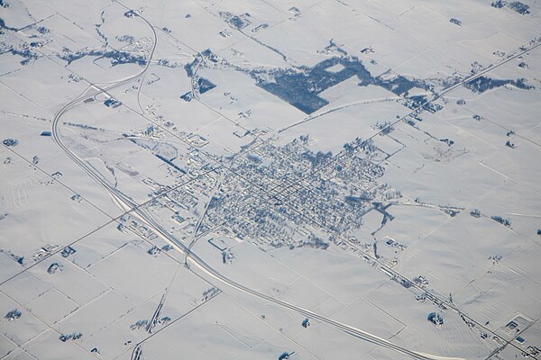 Aerial view of New Hampton showing how US 63 bypasses the town