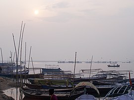 The Triveni Sangam, or the intersection of Yamuna River and Ganges River and the mythical Saraswati River, where devotees perform rituals, and the site of the great baths during Kumbh Mela NorthIndiaCircuit 250.jpg