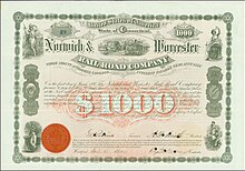 Bond of the Norwich & Worcester Rail Road Company, issued 1. March 1877 Norwich & Worcester RR 1877.jpg