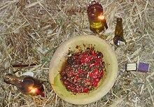 An offering of food to the spirits made in an Umbanda ritual Oferenda de Umbanda Ilheus Brasil 2019.jpg