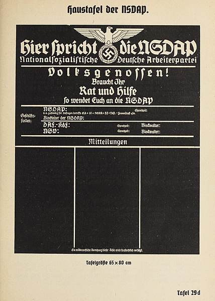 File:Organisationsbuc00nati 0 orig 0135 ORGANISATIONSBUCH DER NSDAP 1943 Parteigenossen Politische Leiter Uniformen Symbole Tafel 29d Haustafel (Hier spricht die NSDAP Mitteilungen) Public domain CROPPED.jpg