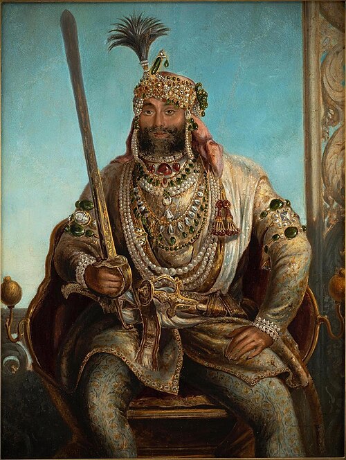 Painting of Maharaja Sher Singh wearing the Koh-i-Noor diamond (located on his right bicep), by August Schoefft, ca.1841–42