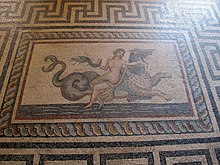 A Hellenistic Greek mosaic of a nymph riding on a marine creature, from the Palace of the Grand Master of the Knights of Rhodes, Greece, 2nd century BC