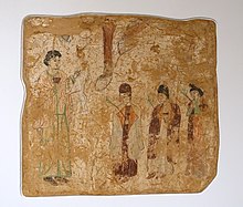 Nestorian priests in a procession on Palm Sunday, in a seventh- or eighth-century wall painting from a Nestorian church in Qocho, China Palm Sunday (probably), Khocho, Nestorian Temple, 683-770 AD, wall painting - Ethnological Museum, Berlin - DSC01741.JPG