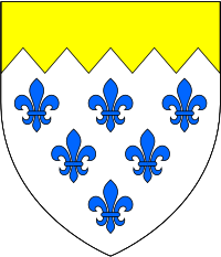 Arms of Paston: Argent, six fleurs-de-lys azure a chief indented or. These arms are visible impaled by the arms of the 1st Earl of Rutland in the 19th century stained glass windows of the Rutland Chapel, St George's Chapel, Windsor Castle PastonArms.svg