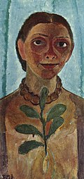 Autoportrait aux camélias (Die Malerin mit Kamelienzweig) par Paula Modersohn-Becker, 1907, au musée Folkwang à Essen (Allemagne).