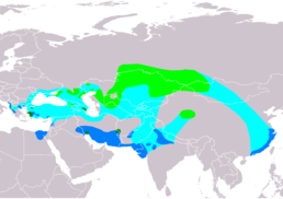 Ареал поширення кучерявого пелікана      Гніздування      Осіле проживання      Зимування      Шляхи міграції