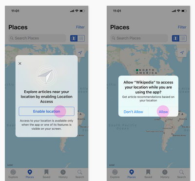 Dva snímky obrazovky z aplikace pro iOS. Vlevo zobrazuje dialogové okno Prozkoumat články v okolí podle povolení polohy. Vpravo zobrazuje dialogové okno systému Apple, které umožňuje Wikipedii přístup k poloze při používání aplikace.