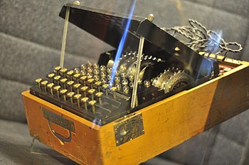 One of four Enigma doubles assembled in France in 1940, featuring ABCD keyboard layout. In Jozef Pilsudski Institute, London. Polish Enigma double.jpg