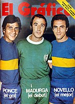 Fltr: Ramon Ponce, Norberto Madurga, and Nicolas Novello. Brazilian club Palmeiras visited Argentina in 1972 to play the "Copa del Atlantico" v Boca Juniors Ponce y Novello (Boca), junto a Madurga (Palmeiras) - El Grafico 2731.jpg