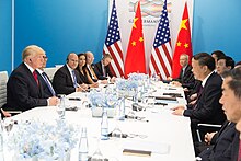 United States President Donald Trump with Xi Jinping in Hamburg, Germany, 8 July 2017. President Donald J. Trump and President Xi Jinping at G20, July 8, 2017.jpg