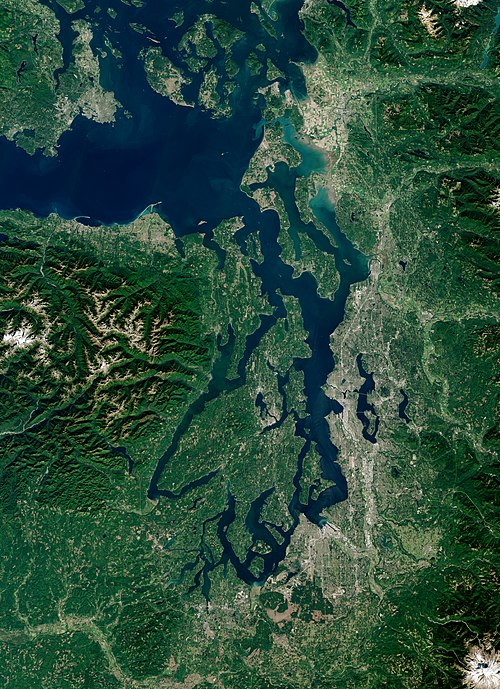 Satellite view of Puget Sound and surrounding waterways, taken by Sentinel-2 in September 2018