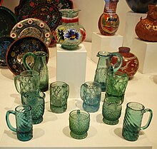 Traditional glassware for pulque circa 1950 on display at the Museo de Artes Populares, Mexico City