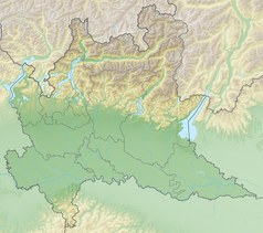 Mapa konturowa Lombardii, po lewej znajduje się punkt z opisem „Mediolan”