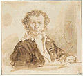 Self-portrait . Circa 1636 date QS:P,+1636-00-00T00:00:00Z/9,P1480,Q5727902 . pen and brown ink, brown wash on paper. 12.3 × 13.7 cm (4.8 × 5.3 in). Berlin, Staatliche Museen zu Berlin, Kupferstichkabinett.