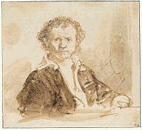 1636, Kupferstichkabinett Berlin, pen and brush in brown ink. The "highly informal mode of dress", with open shirt, is unique in his self-portraits.[50]