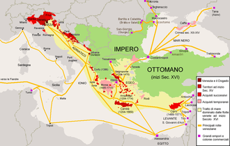 Mappa a colori che mostra i possedimenti veneziani e ottomani nel Mediterraneo orientale.