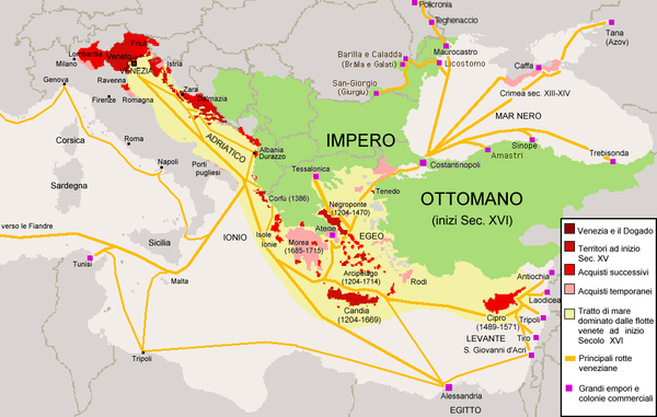 威尼斯共和国的疆域及与奥斯曼帝国对峙图，15世纪－16世纪