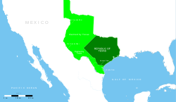 Tummanvihreät alueet, jotka olivat Texasin tasavallann hallussa, aluevaatimukset vaaleanvihreällä