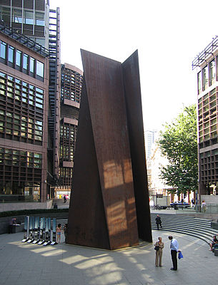 Richard Serra, Fulcrum 1987, 55 ft high free standing sculpture of Cor-ten steel near Liverpool Street station, London
