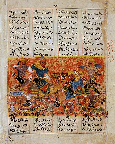 Rostam Kills the Turanian Hero Alkus with his Lance, Folio from the Jainesque Shahnama. Western India, c. 1425-1450. The David Collection