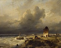 Schelfhout, c. 1837: 'Het stranden van een schip te Scheveningen bij stormachtig weder', olieverf op paneel
