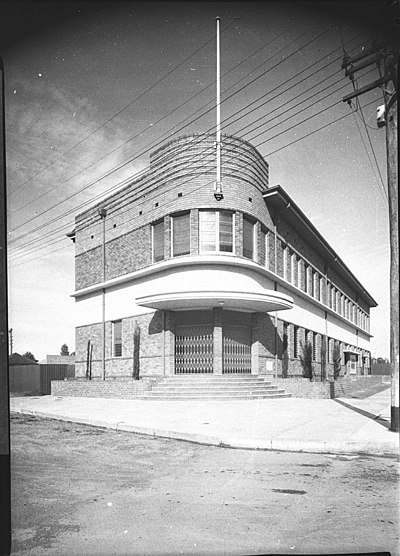 Cabramatta Civic Hall, completed in 1944 to a design by J. A. Dobson, was the Cabramatta and Canley Vale seat from 1944-1948 and the Fairfield Council seat from 1949. SLNSW 13466 Cabramatta Town Hall taken for Building Publishing Co.jpg