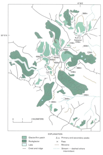 Map of summit region and glaciers of Sabalan.