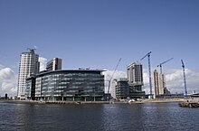 MediaCityUK. Urban renewal in Salford has been focused around Salford Quays.