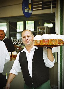 Waiter using only friction to retain a waitperson service tray in Vienna, Austria Schweizerhaus18.jpg