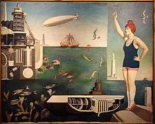 Peinture présentant divers éléments, comme une femme en maillot de bain une pièce, un ballon dirigeable, un bateau à voiles...