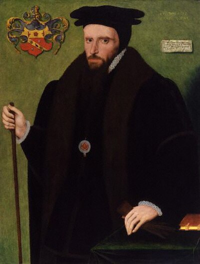 Sir William Petre, 1567: artist unknown. By the turn of the 17th century, this portrait was in the collection of John, 1st Baron Lumley, a fact indica