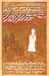 Muhammad, shown with a veiled face and halo, at Mount Hira (16th-century Ottoman illustration of the Siyer-i Nebi) Siyer-i Nebi 158b.jpg