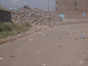 Collected solid waste that has spilled onto a road. Solid waste from the dumping site which has spilled on the road side (6898424450).jpg