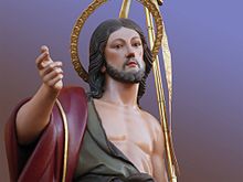 Titular statue of St. John Baptist kept in Xewkija Church, sculpted in wood by Pietro Paolo Azzopardi in 1845, Xewkija. St John the Baptist Titular Statue of Xewkija Gozo, Malta.jpg