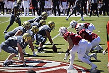 The Aggies line up against Stanford in 2018 Stanford vs. UC Davis 2018 (44703129241).jpg