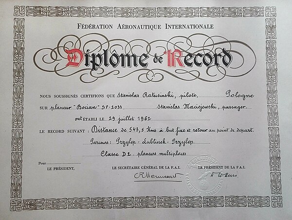 Record flight diploma issued by the FAI