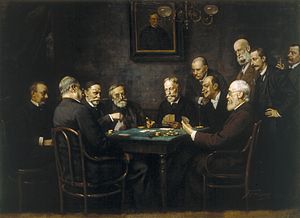 Hungarian statesmen playing tarokk in 1895, the preferred card game of the pre-communist era. Tarokkparti.jpg