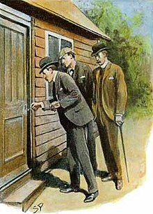 Holmes, Watson and Inspector Hopkins, 1904 illustration by Sidney Paget The Adventure of Black Peter 03.jpg